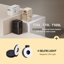 Load image into Gallery viewer, T100L 100W Universal Travel Adapter with Built-In USB-C Cable + SELFIE LIGHT Magnetic LED Light Black