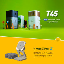 Load image into Gallery viewer, OMNIA T45 Universal Travel Adapter + Mag 3 Pro Qi2 3-in-1 Foldable Travel Charging Station