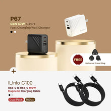 Load image into Gallery viewer, P67 GaN 67W 3-Port Fast Charging Wall Charger + iLinio C100 USB-C to USB-C 100W Magnetic Charging Cable (2-Pack)
