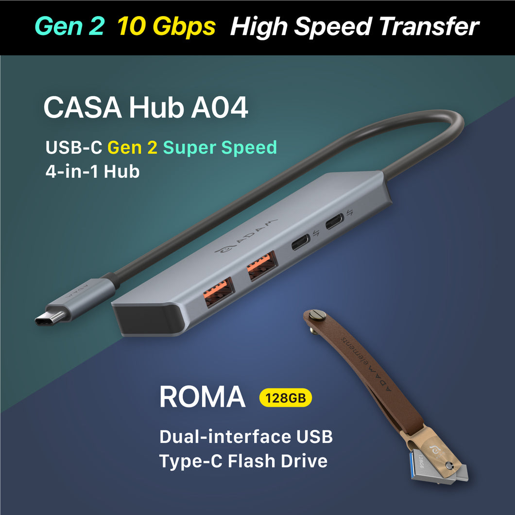 CASA Hub A04 USB-C Gen2 SuperSpeed 4-in-1 Hub + ROMA 128GB USB Type-C / USB 3.1 2 in 1 Flash Drive (Gray)