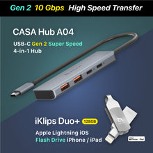 Load image into Gallery viewer, CASA Hub A04 USB-C Gen2 SuperSpeed 4-in-1 Hub ＋ iKlips DUO+ Apple Lightning Flash Drive (128G)
