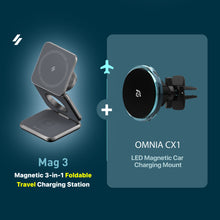 Load image into Gallery viewer, Mag 3 Magnetic 3-in-1 Foldable Travel Charging Station + OMNIA CX1 Magnetic Charging Car Mount
