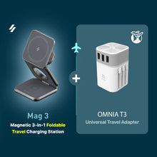 Load image into Gallery viewer, Mag 3 Magnetic 3-in-1 Foldable Travel Charging Station +OMNIA T3 Universal Travel Adapter
