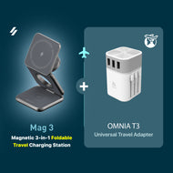 Mag 3 Magnetic 3-in-1 Foldable Travel Charging Station +OMNIA T3 Universal Travel Adapter