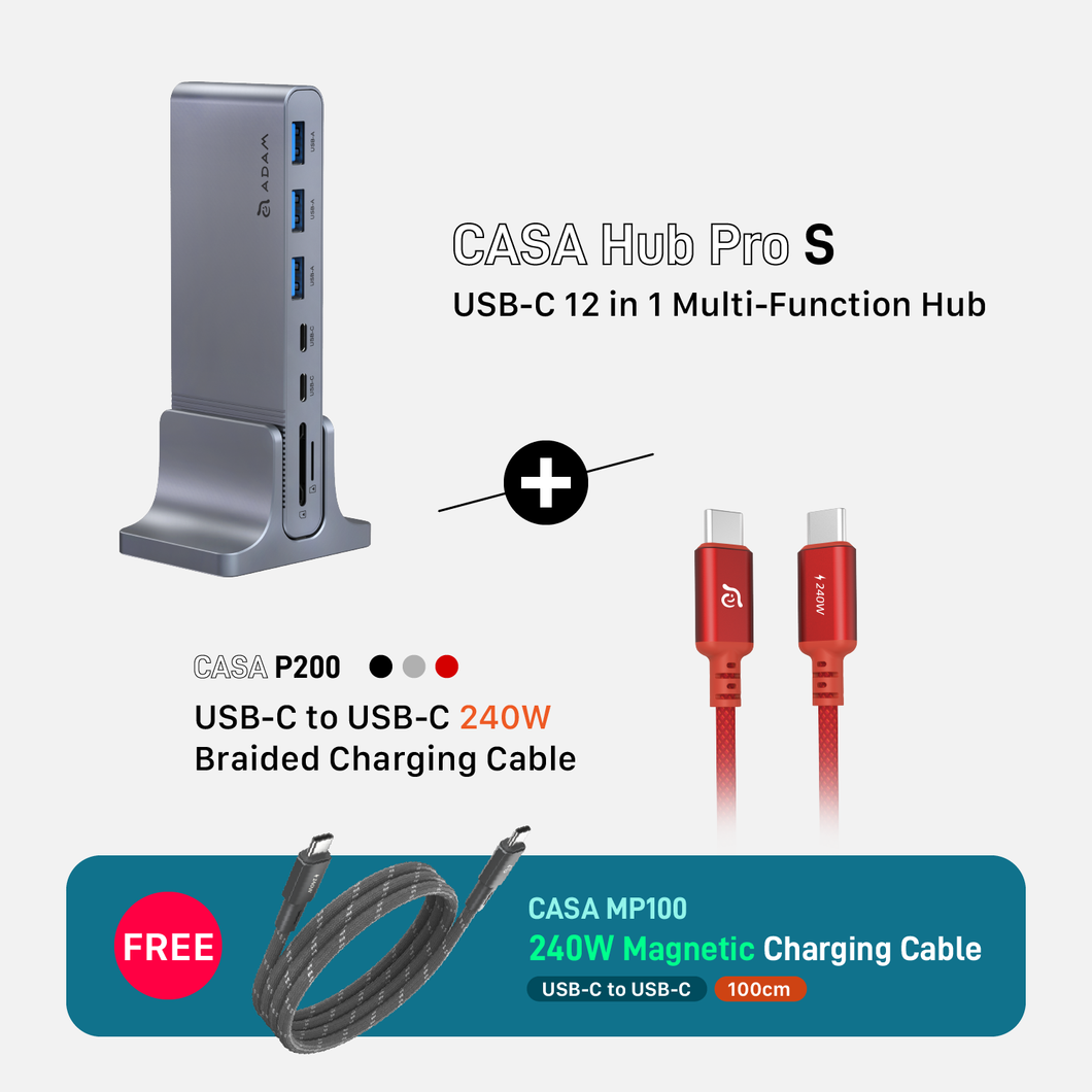 CASA HUB Pro S USB-C 12-in-1 Multi-Function Hub + CASA P200 USB-C to USB-C 240W Braided Charging Cable (200CM/Red)