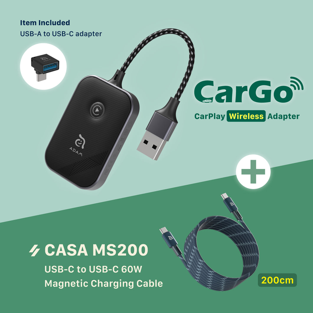 CarGo CarPlay Wireless Adapter + MS200 USB-C to USB-C 60W Magnetic Charging Cable (200CM)