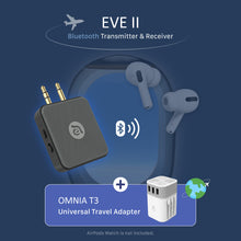 Load image into Gallery viewer, EVE II  Bluetooth Transmitter &amp; Receiver +  OMNIA T3 Universal Travel Adapter
