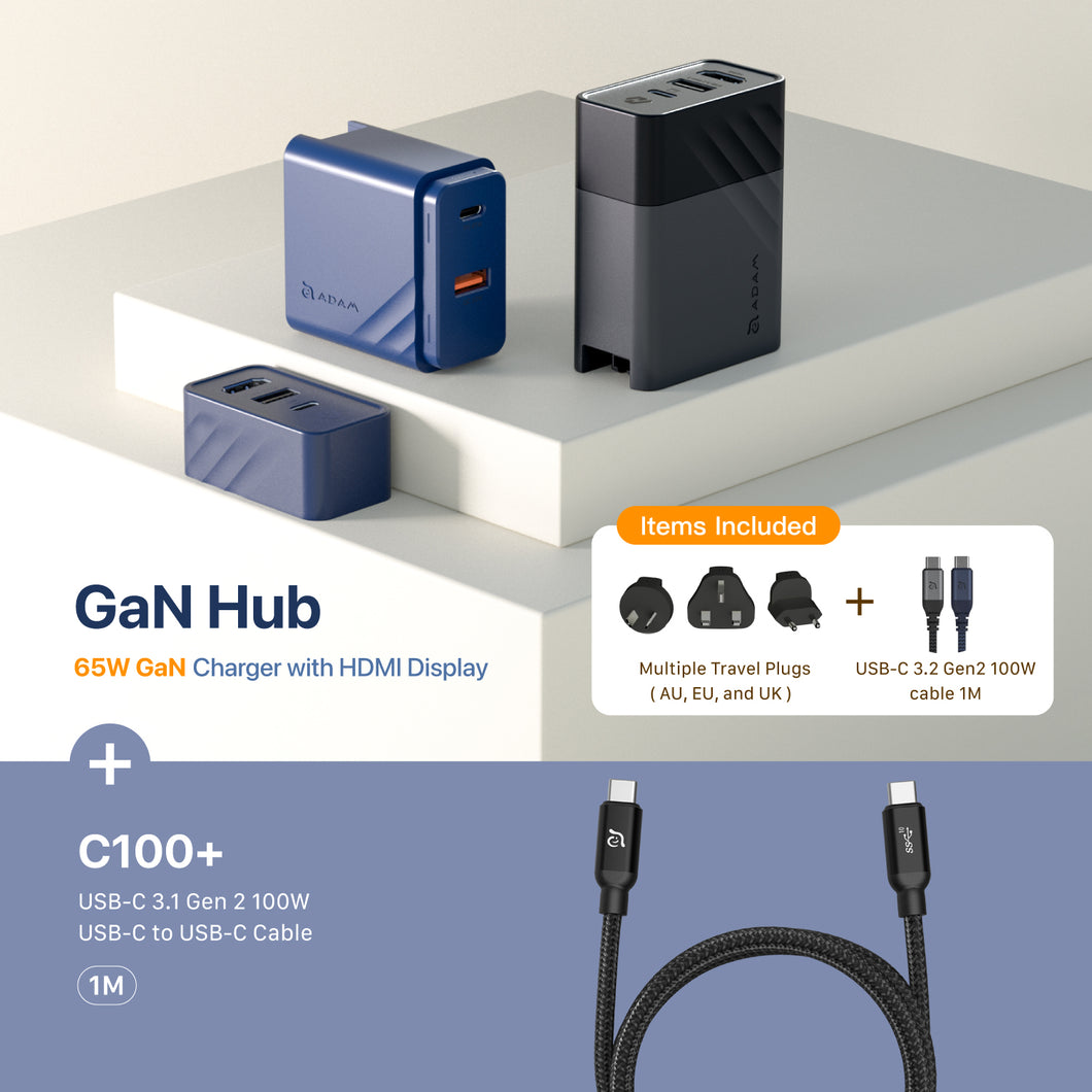 GaN Hub 65W GaN Charger with HDMI Display + CASA C100+ USB-C to USB-C 100W Charing  & Video Output Cable (1M)