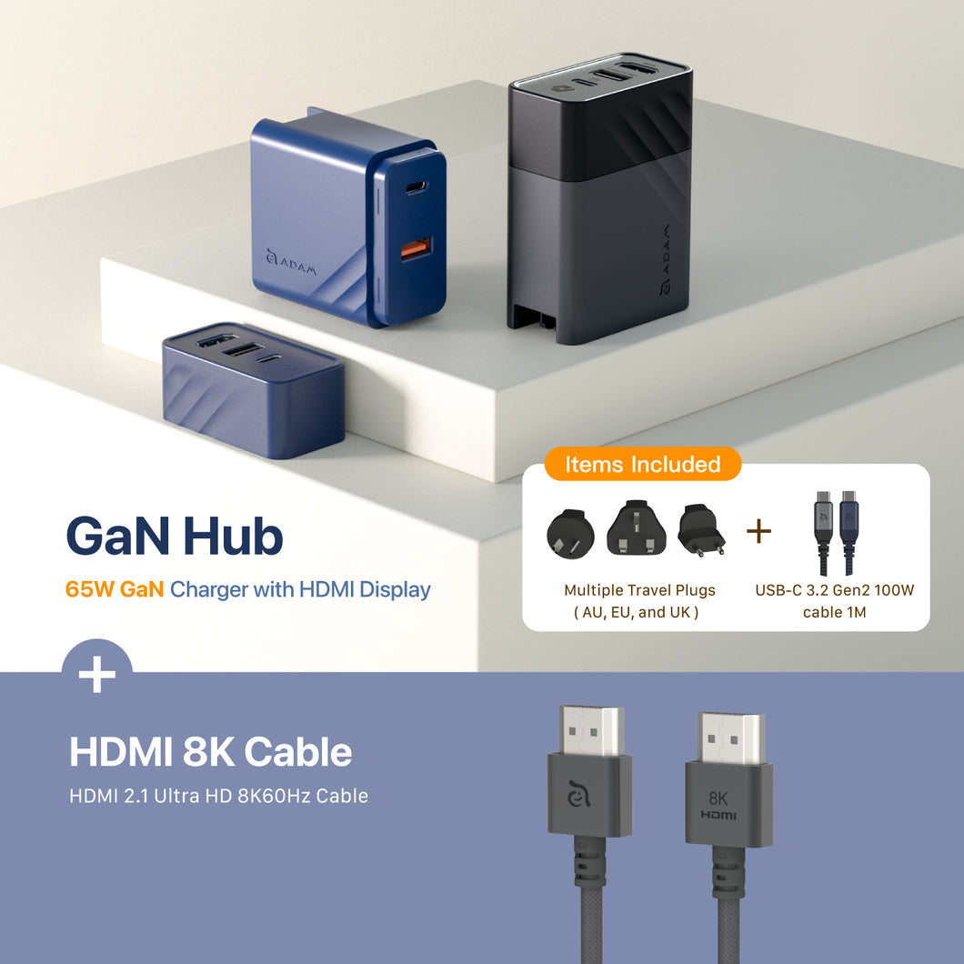 GaN Hub 65W GaN Charger with HDMI Display + HDMI 8K Cable HDMI 2.1 Ultra HD 8K60Hz Cable