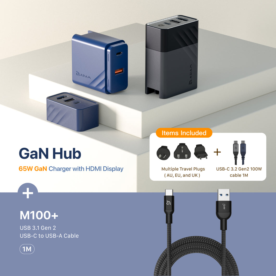 GaN Hub 65W GaN Charger with HDMI Display + CASA M100+ USB 3.1 Gen 2 USB-C to USB-A Cable