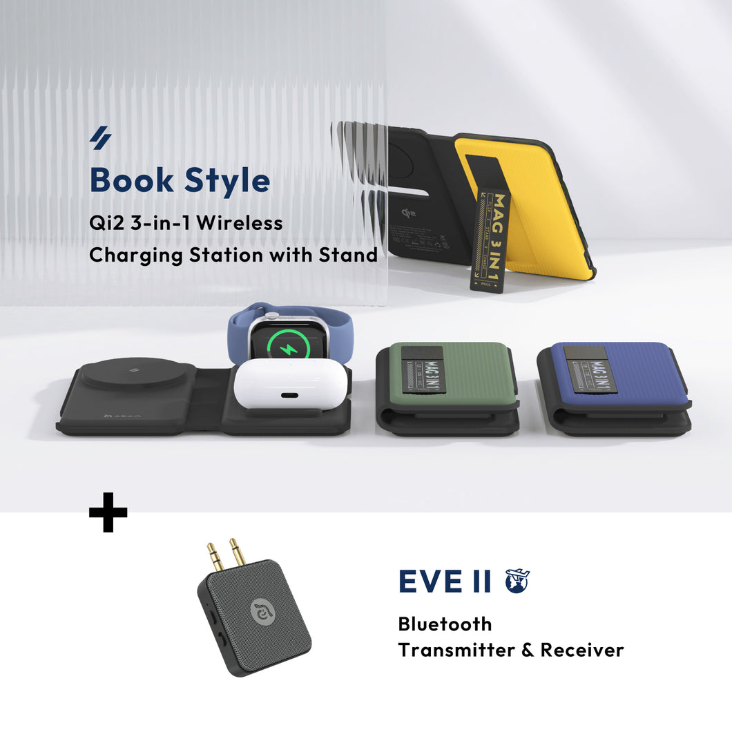 M301 Qi2 3-in-1 Wireless Charging Station with Stand + EVE II  Bluetooth Transmitter & Receiver