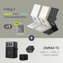 Load image into Gallery viewer, Mag Z Magnetic 3-in-1 Foldable Travel Charging Station + OMNIA T3 Universal Travel Adapter
