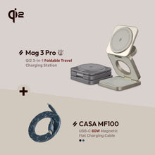 Load image into Gallery viewer, Mag 3 Pro Qi2 3-in-1 Foldable Travel Charging Station + CASA MF100 USB-C to USB-C 60W Magnetic Flat Charging Cable (100CM)
