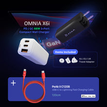 Load image into Gallery viewer, OMNIA X6i PD / QC 66W Compact Wall Charger + PeAk II C120B USB-C to Lightning Cable (1.2M)
