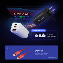 Load image into Gallery viewer, OMNIA X6i PD / QC 66W Compact Wall Charger + CASA S120 USB-C to USB-C 60W Braided Charging Cable (120CM)
