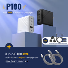 Load image into Gallery viewer, P100 GaN 100W 4-Port Power Charging Kit + iLinio C100 USB-C to USB-C 100W Magnetic Charging Cable (2-Pack)
