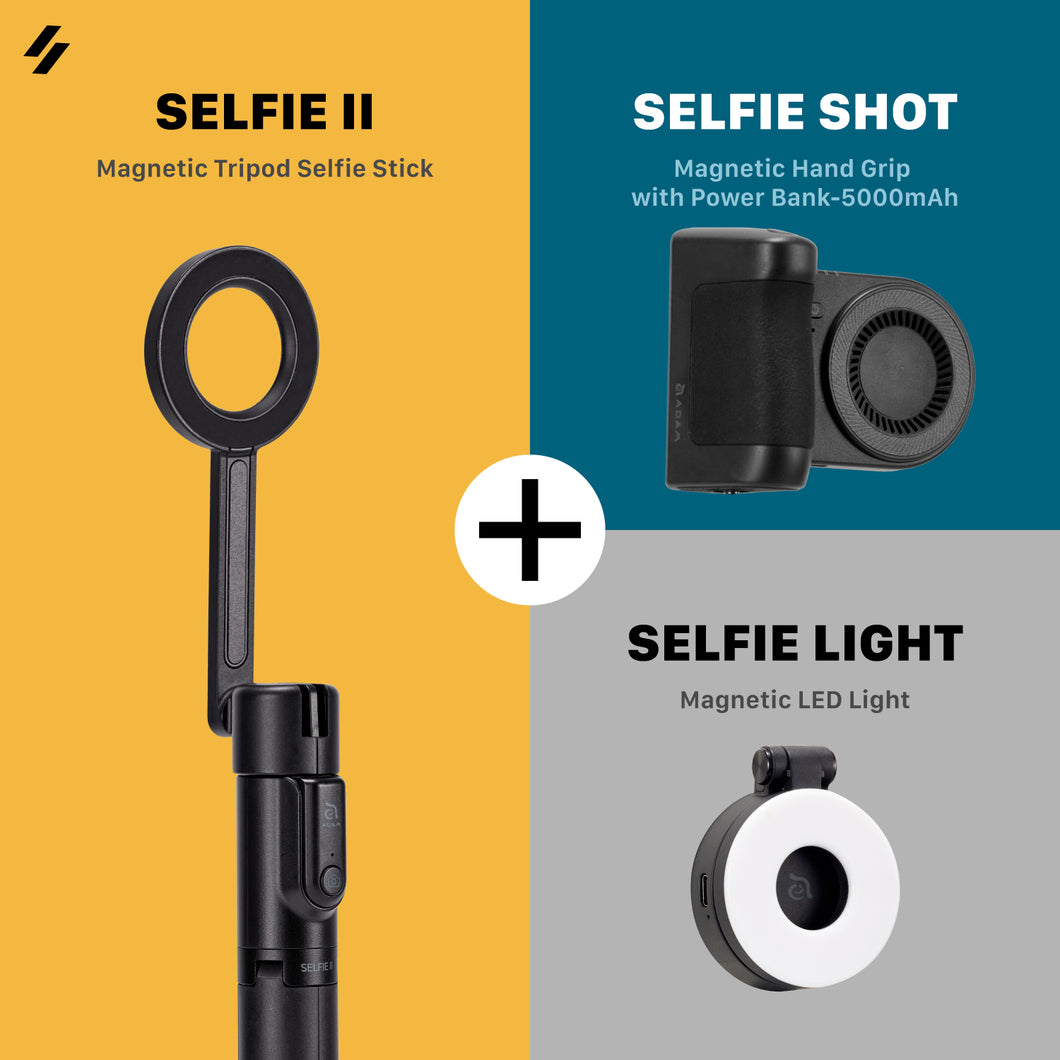 SELFIE II Wireless Bluetooth Tripod Selfie Stick + SELFIE SHOT Magnetic Hand Grip with Power Bank 5000mAh + SELFIE LIGHT Magnetic LED Light