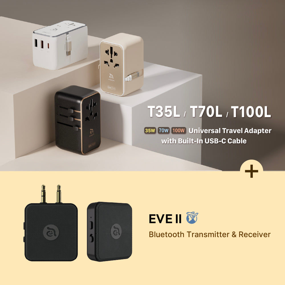 T100L ﻿100W Universal Travel Adapter with Built-In USB-C Cable + EVE ll Bluetooth Transmitter & Receiver