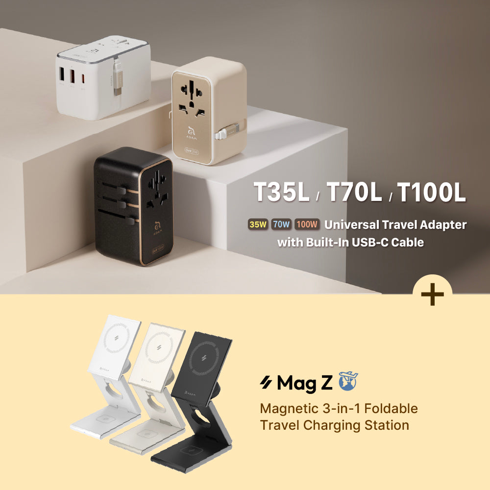 T70L 70W Universal Travel Adapter with Built-In USB-C Cable + Mag Z Magnetic 3-in-1 Foldable Travel Charging Station