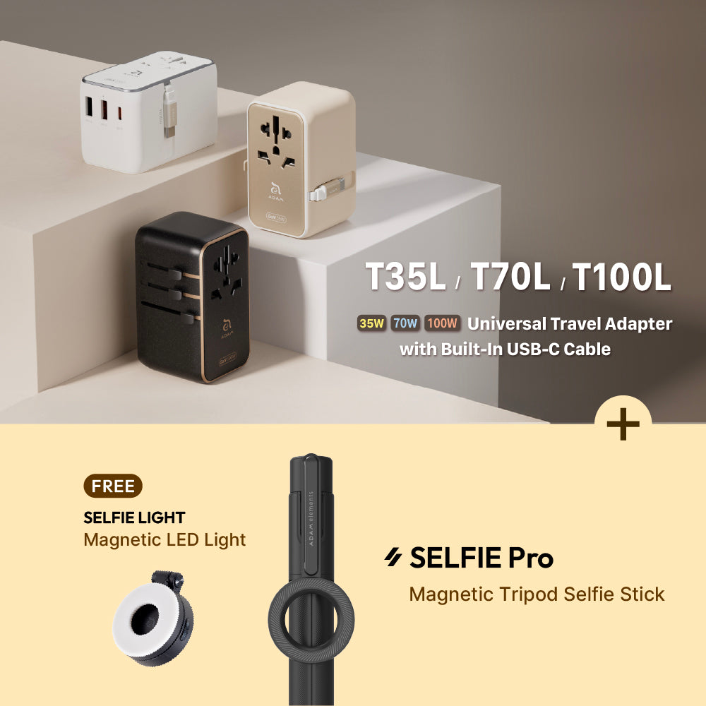 T35L 35W Universal Travel Adapter with Built-In USB-C Cable + SELFIE Pro Wireless Bluetooth Tripod Selfie Stick