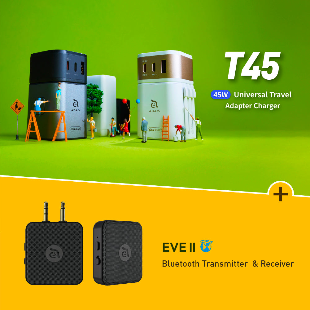 OMNIA T45 Universal Travel Adapter + EVE II Bluetooth Transmitter & Receiver