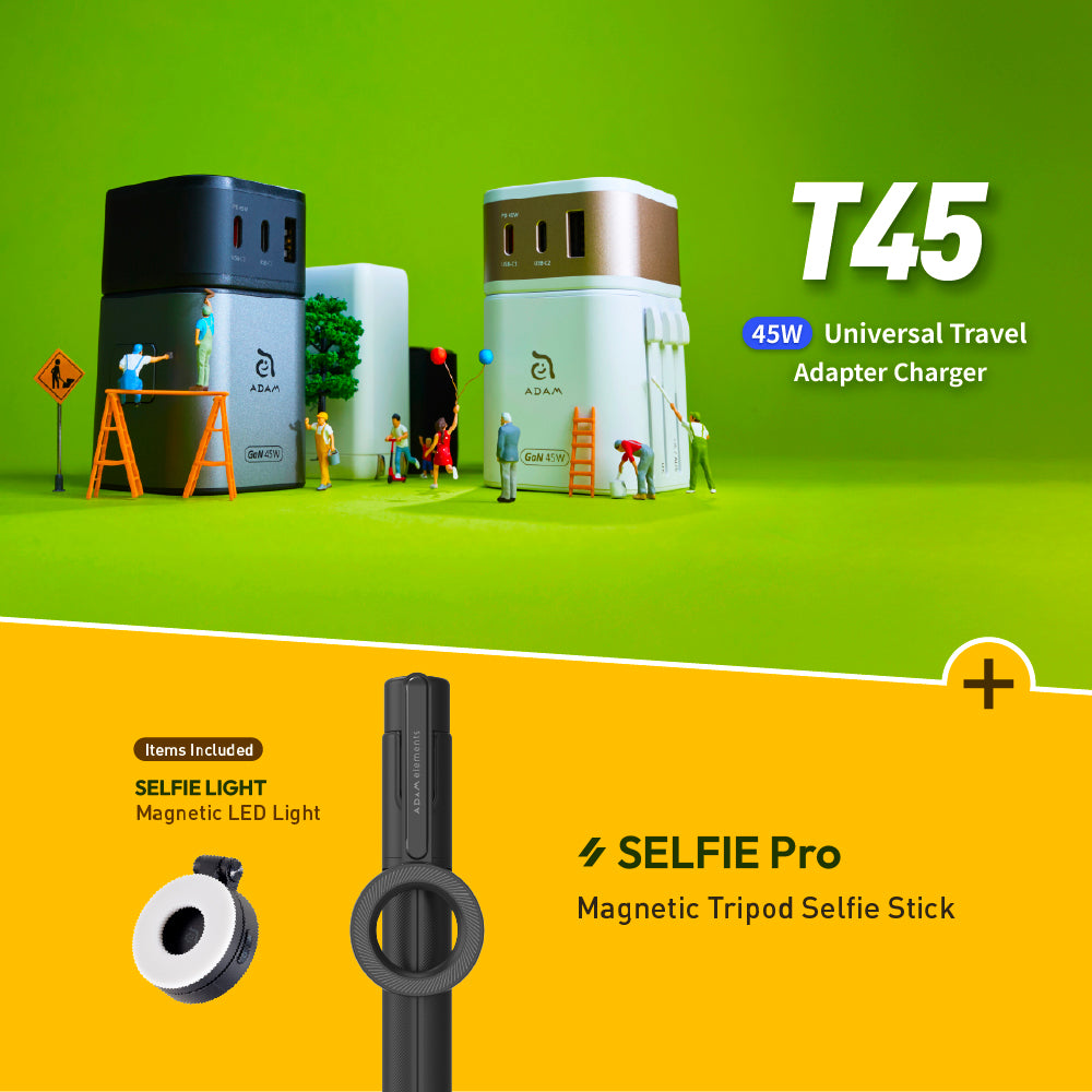 OMNIA T45 Universal Travel Adapter + SELFIE Pro Wireless Bluetooth Tripod Selfie Stick