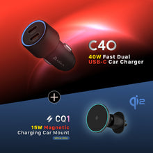 Load image into Gallery viewer, C40	40W Fast Dual USB-C Car Charger + CQ1 Qi2 Magnetic Charging Car Mount
