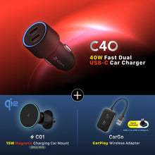 Load image into Gallery viewer, C40	40W Fast Dual USB-C Car Charger + CarGo CarPlay Wireless Adapter + CQ1 Qi2 Magnetic Charging Car Mount
