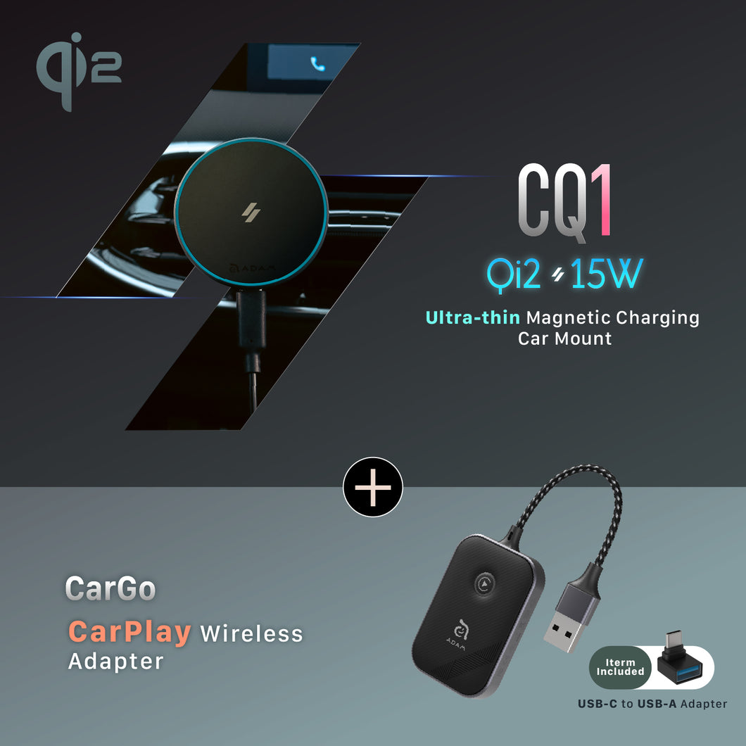 CQ1 Qi2 Magnetic Charging Car Mount + CarGo CarPlay Wireless Adapter