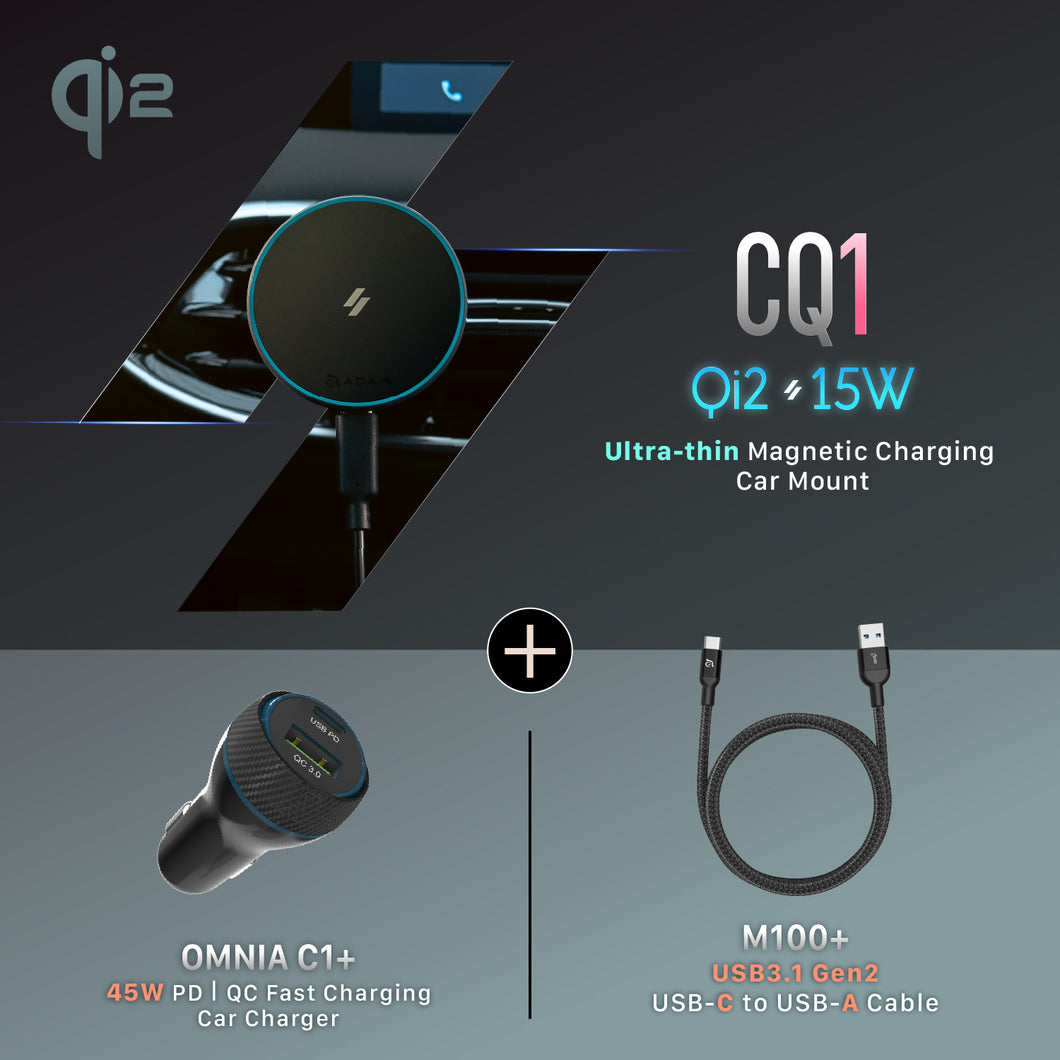 CQ1 Qi2 Magnetic Charging Car Mount + CASA M100+ USB-C to USB-A Cable (1M)