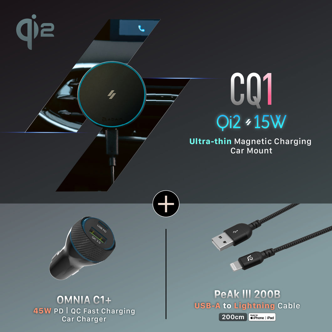 CQ1 Qi2 Magnetic Charging Car Mount + PeAk III 200B - Apple MFi-Certified USB-A to Lightning Cable (2M)