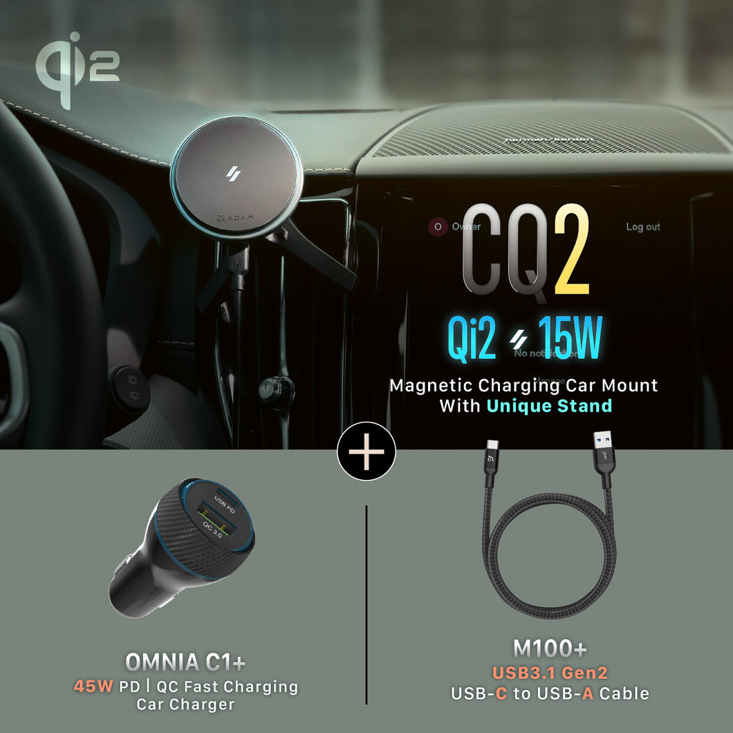 CQ2 Qi2 Magnetic Charging Car Mount + CASA M100+ USB-C to USB-A Cable (1M)