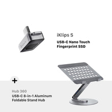 Load image into Gallery viewer, iKlips S USB-C Nano Touch Fingerprint SSD + Hub 360 USB-C 8-in-1 Aluminum Foldable Stand Hub
