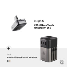 Load image into Gallery viewer, iKlips S USB-C Nano Touch Fingerprint SSD + OMNIA T45 Universal Travel Adapter
