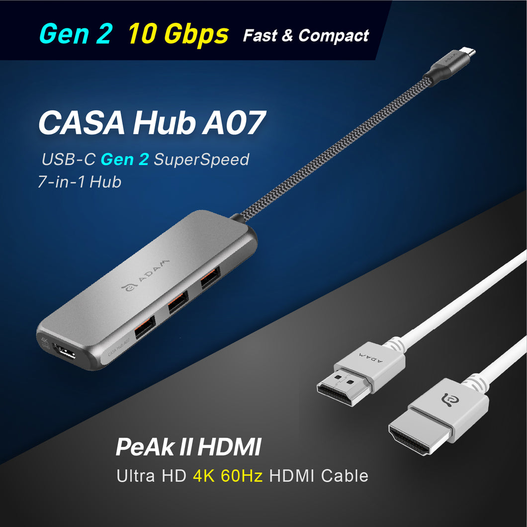 CASA Hub A07 USB-C Gen2 SuperSpeed 7-in-1 Hub +  PeAk II Ultra HD 4K 60Hz HDMI Cable (2M)