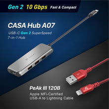 Load image into Gallery viewer, CASA Hub A07 USB-C Gen2 SuperSpeed 7-in-1 Hub +  PeAk III 120B - Apple MFi-Certified USB-A to Lightning Cable (1.2M)
